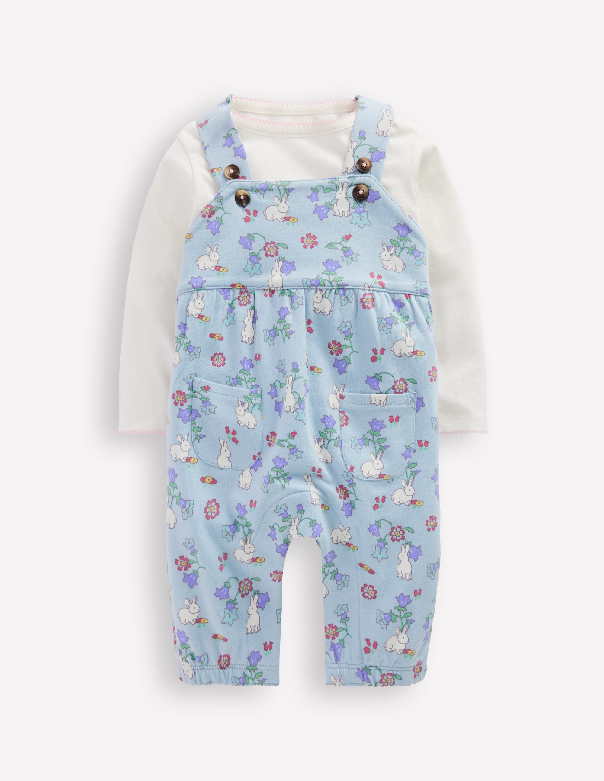 Jersey Dungarees Set-Misty Blue Bunny Floral - Image 1