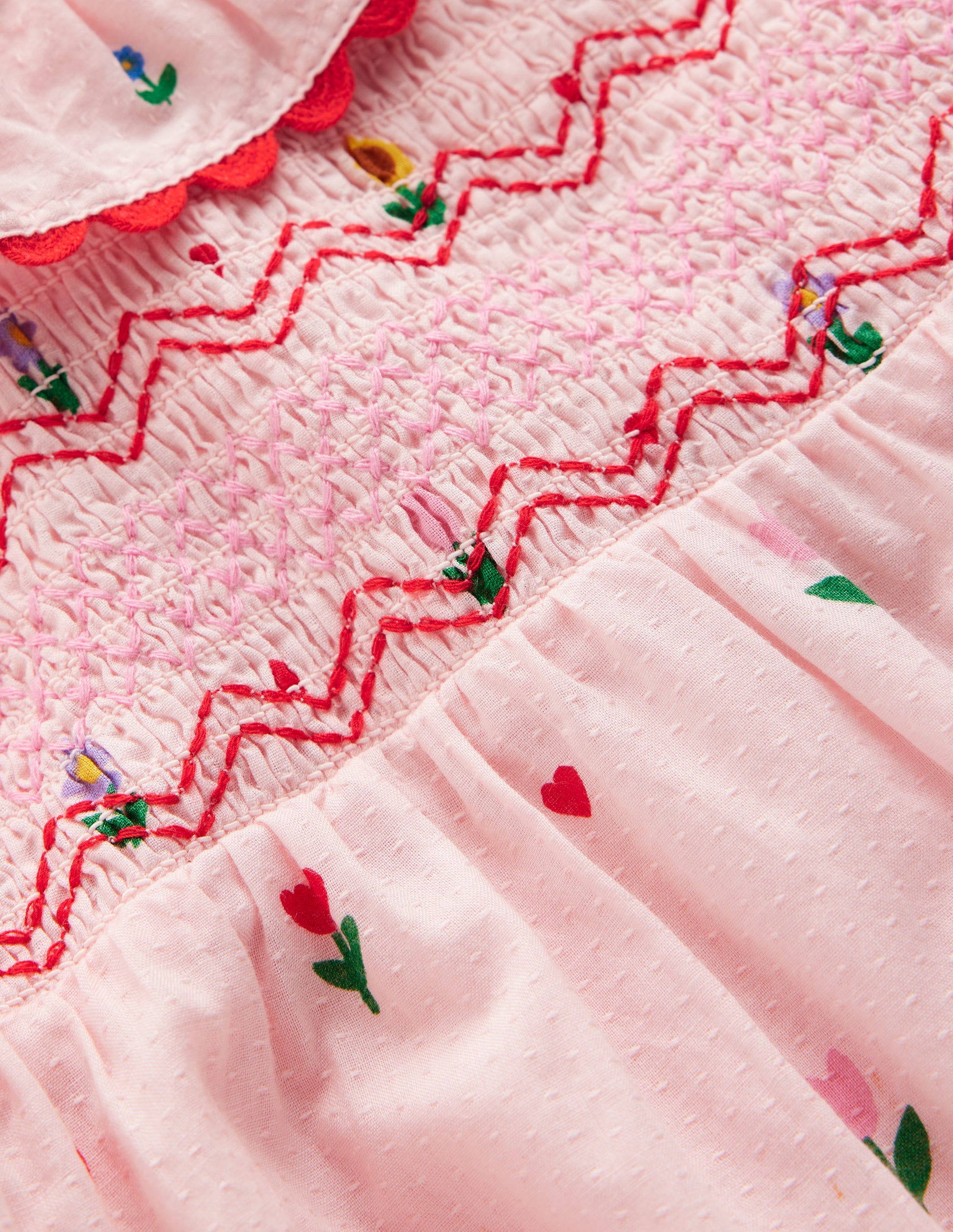 Embroidered Smocked Dress-Pink Multi Floral Heart Flower - Image 3