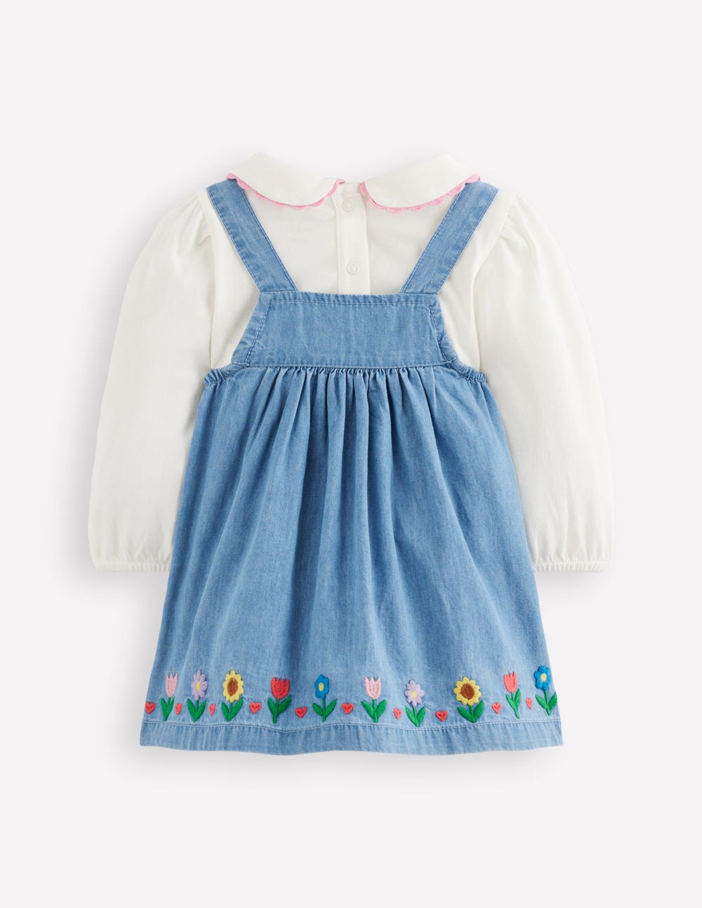Embroidered Pinny Dress Set-Chambray Floral Embroidery