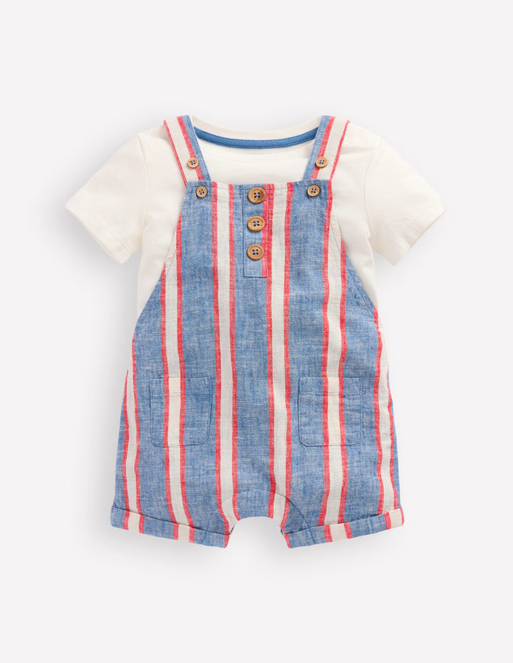 Short Woven Dungarees Set-Blue and Red Stripe