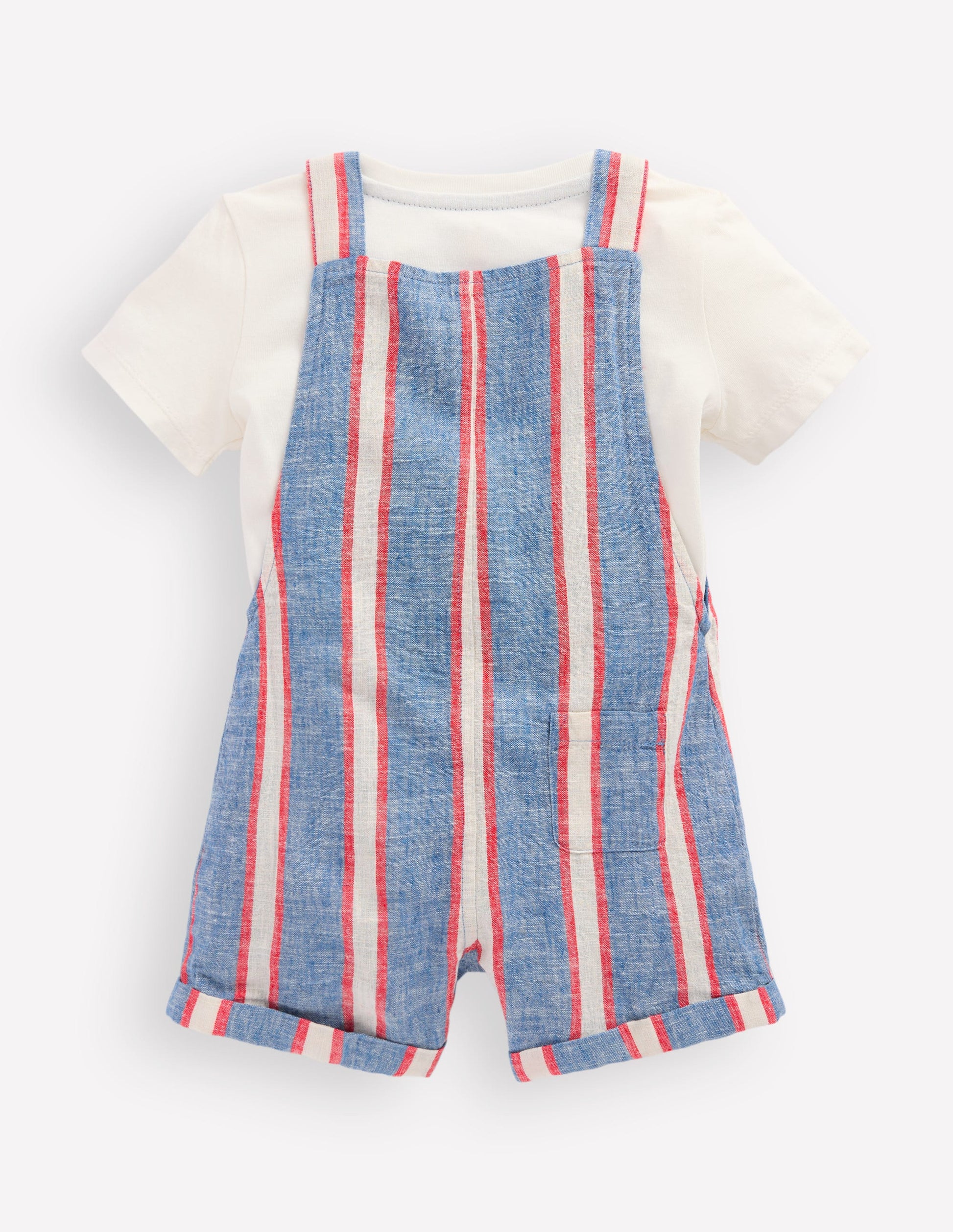 Short Woven Dungarees Set-Blue and Red Stripe-2