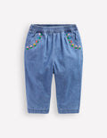 Embroidered Chambray Trouser-Embroidered Denim