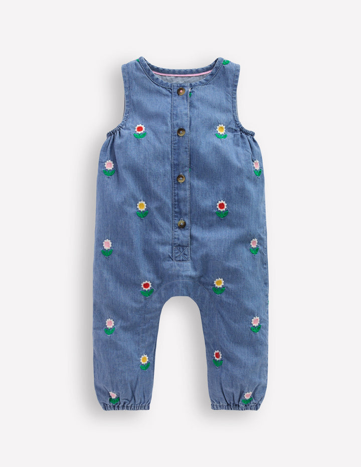 Embroidered Chambray Romper-Floral Embroidered Chambray