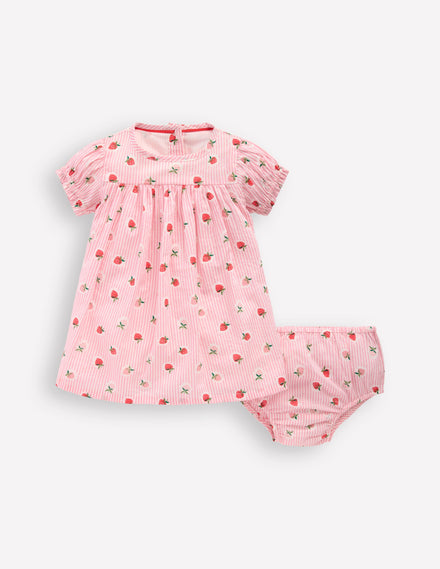 Gathered Woven Dress-Pink Strawberry Stripe