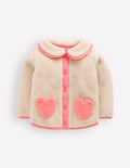 Girls Borg Collared Jacket-Neutral/Pink Heart