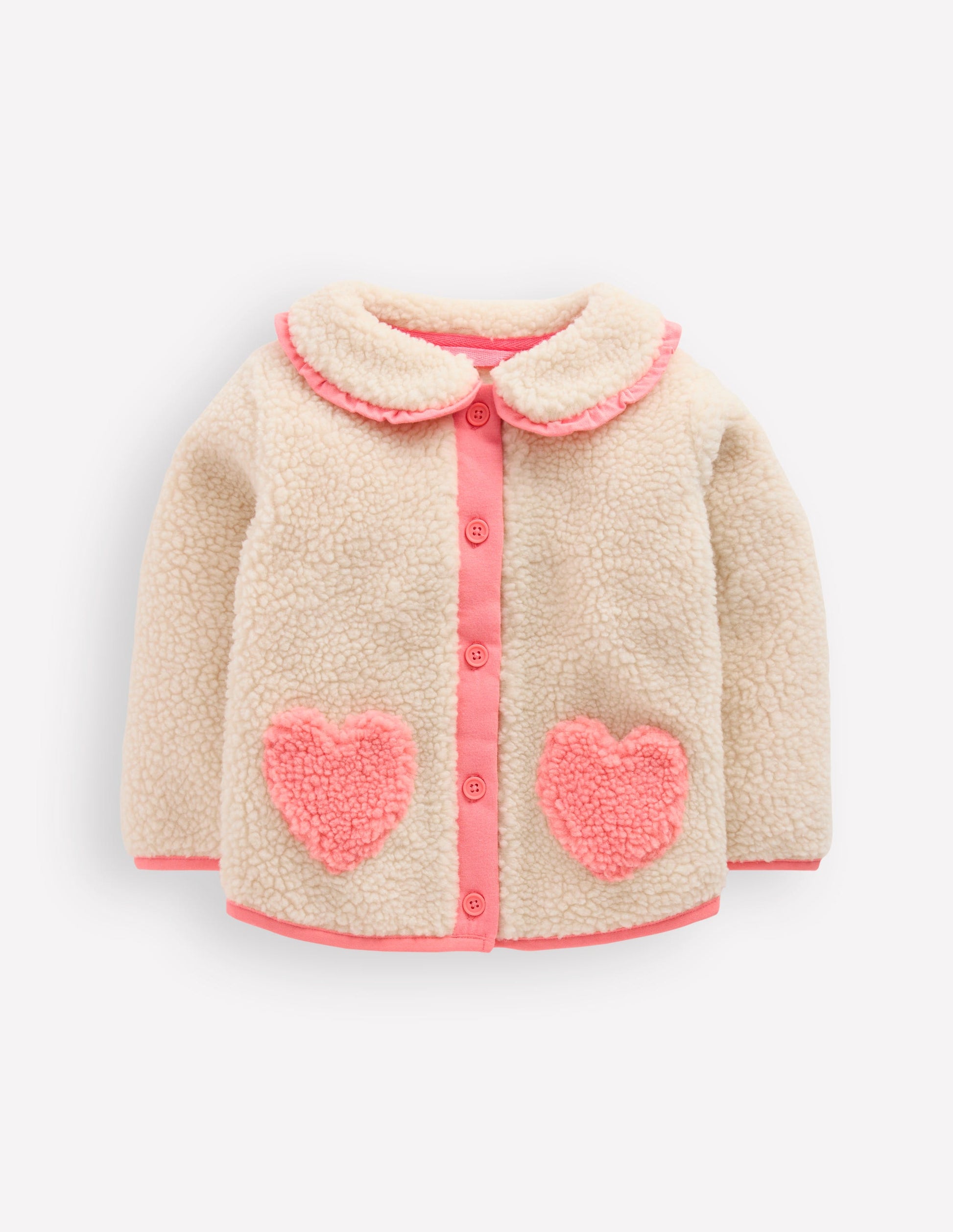 Girls Borg Collared Jacket-Neutral/Pink Heart-1