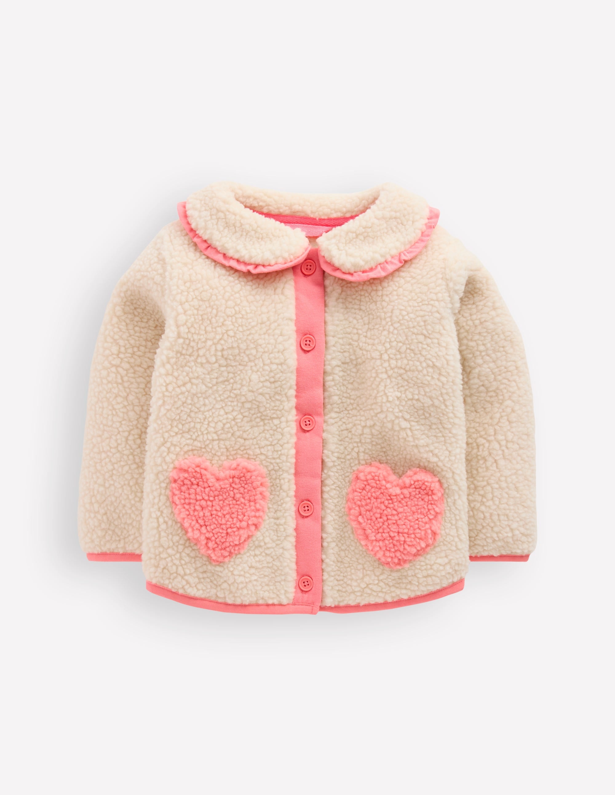 Girls Borg Collared Jacket-Neutral/Pink Heart - Image 1