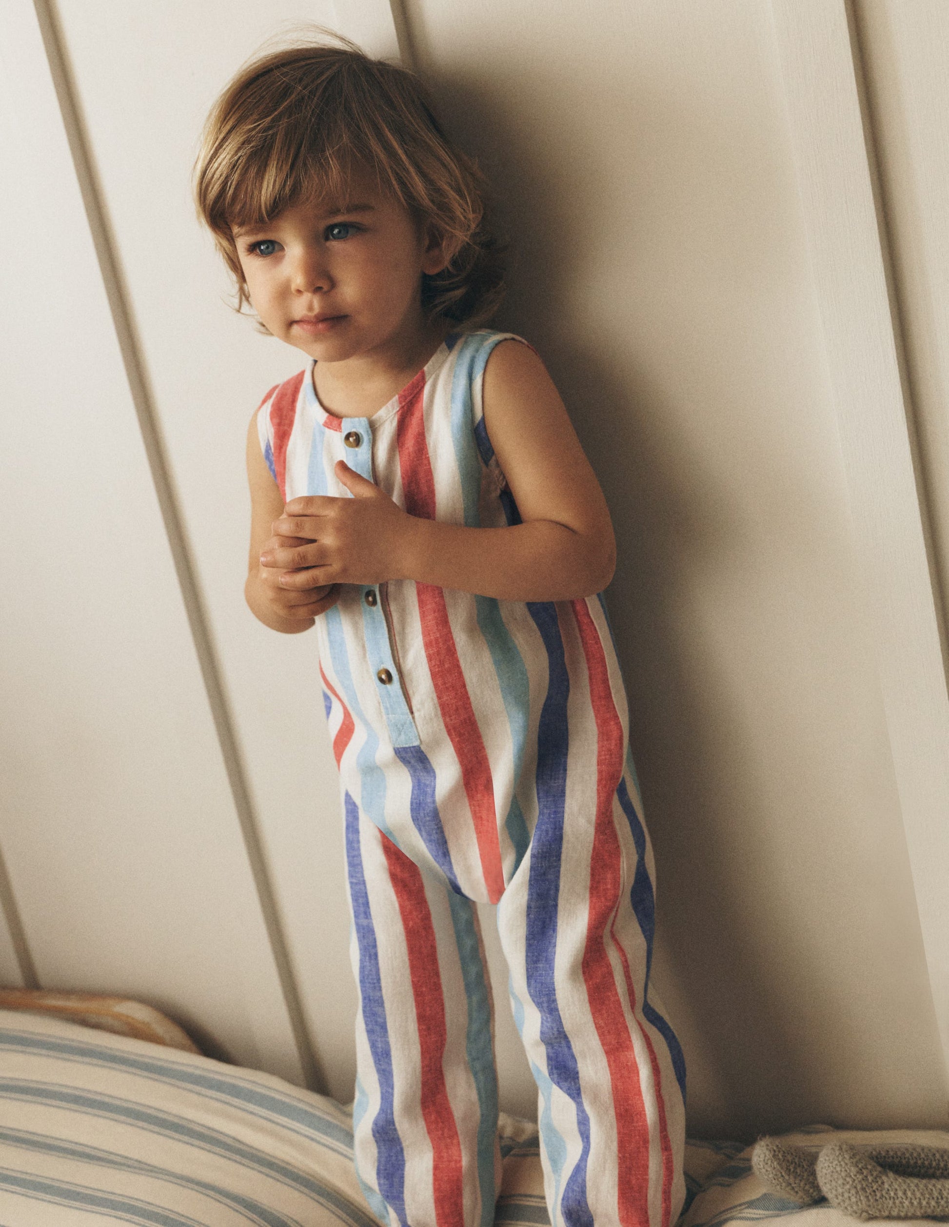 Button Down Romper-Red and Blue Multi Stripe-1