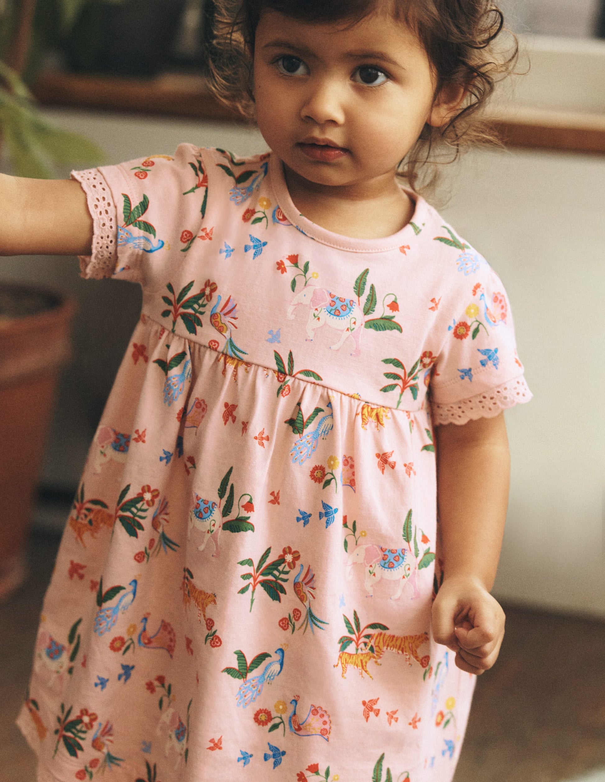Broderie Trim Jersey Dress-Pink Tropical Animals-1