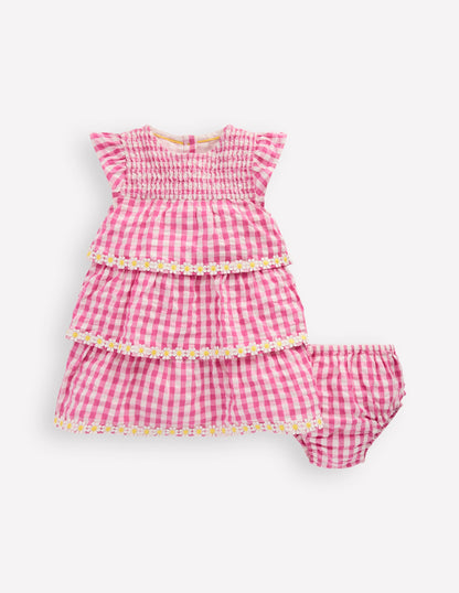 Tiered Woven Dress-Pink Gingham Daisies-1