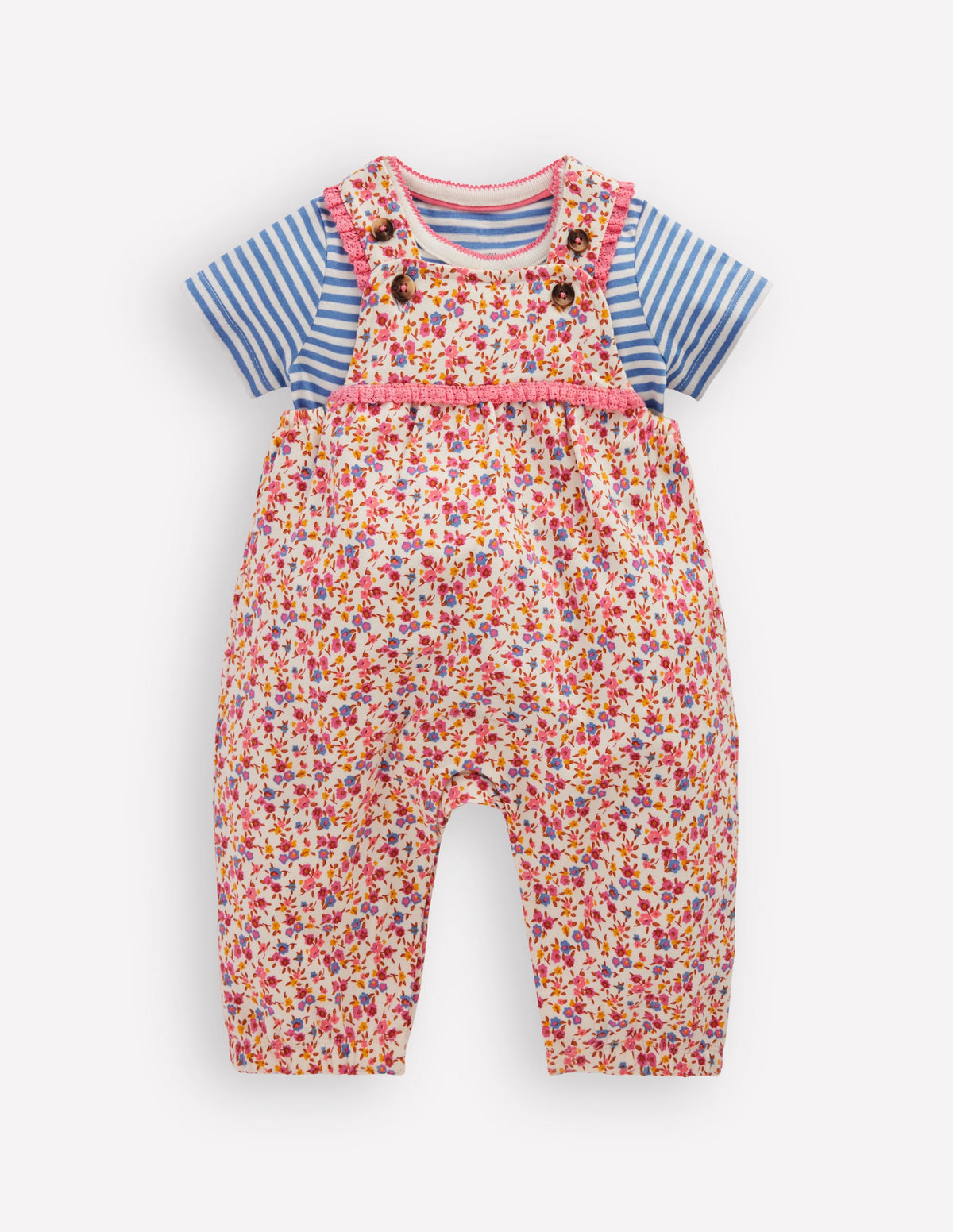 Short Sleeve Jersey Dungarees-Pink Ditsy Floral - Image 1