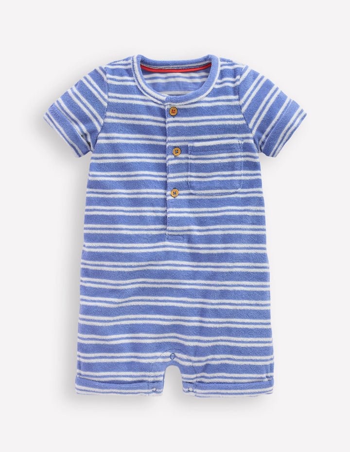 Short Sleeve Towelling Romper-Blue Stripe