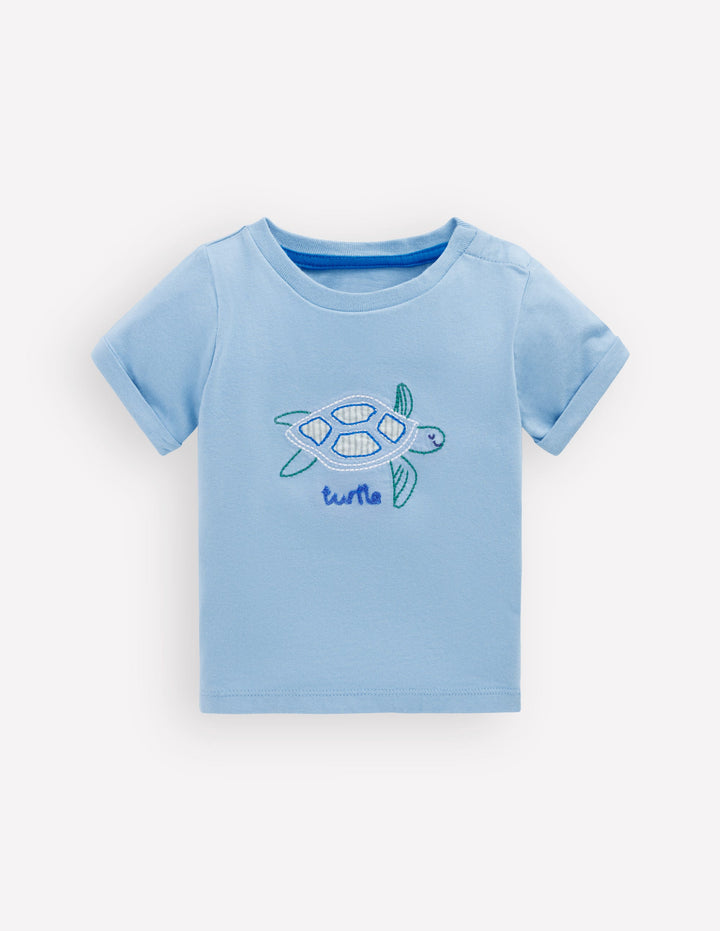 Short Sleeve Logo T-shirt-Blue Turtle Chain Stitch