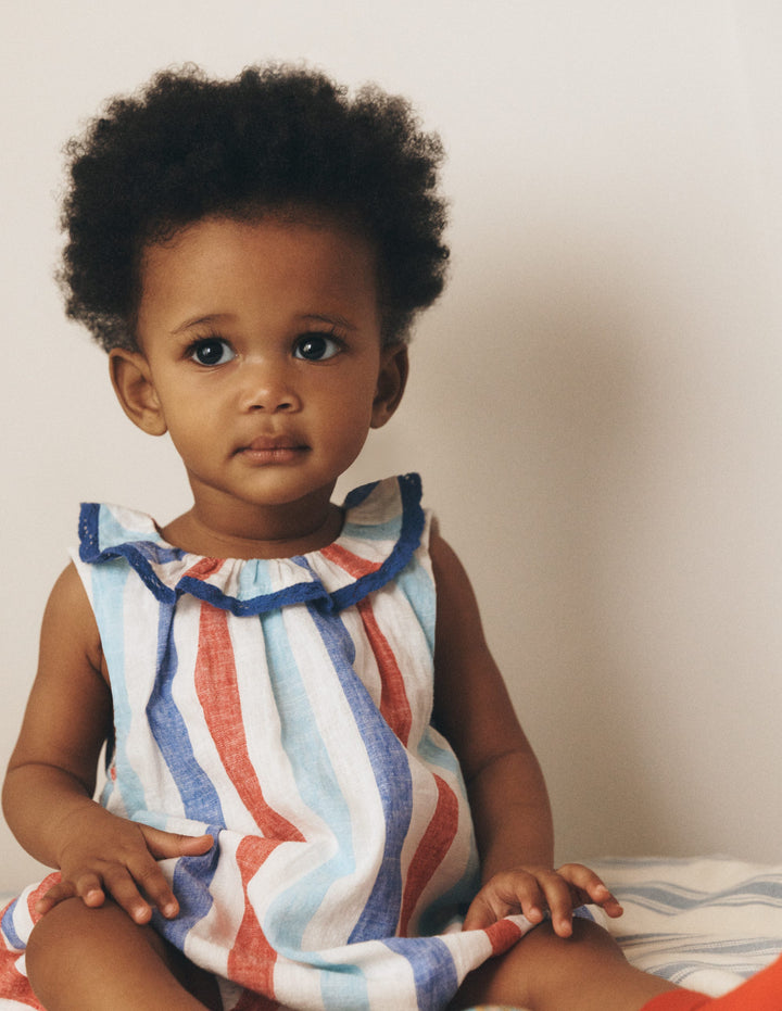 Frill Neck Bubble Romper-Red and Blue Multi Stripe