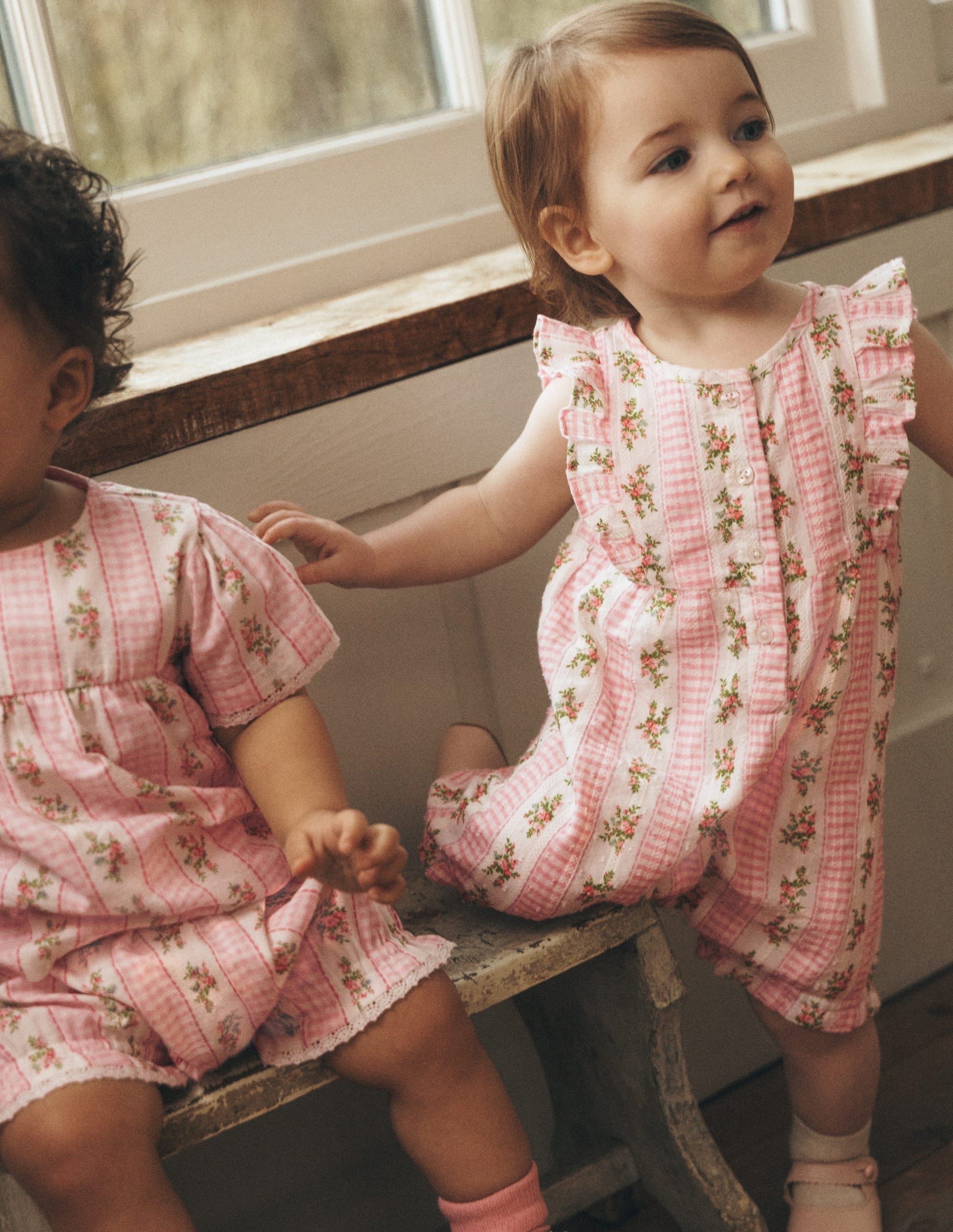 Short Frill Bubble Romper-Pink Gingham Floral-4