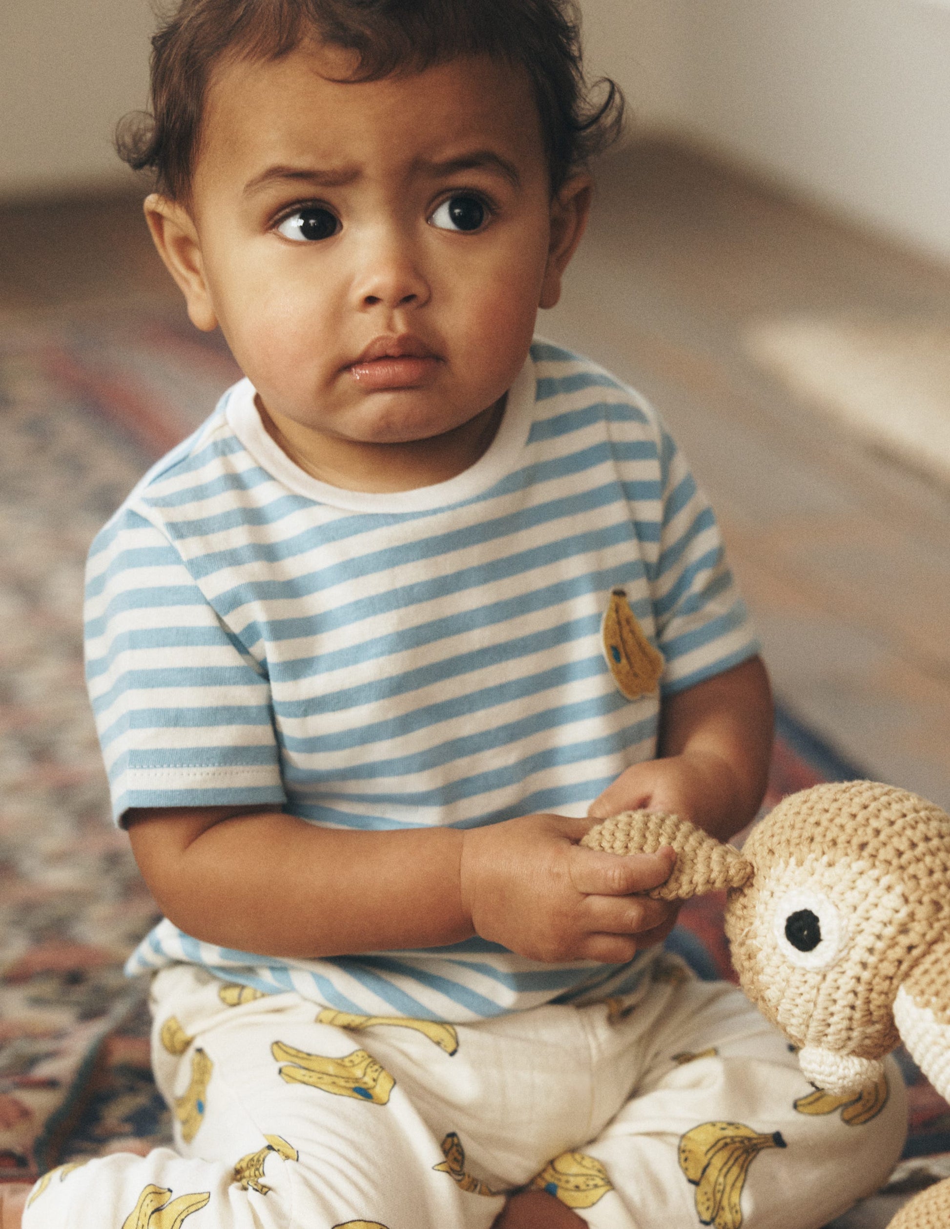 Logo Jersey Woven Play Set-Ivory and Blue Stripe Bananas-4