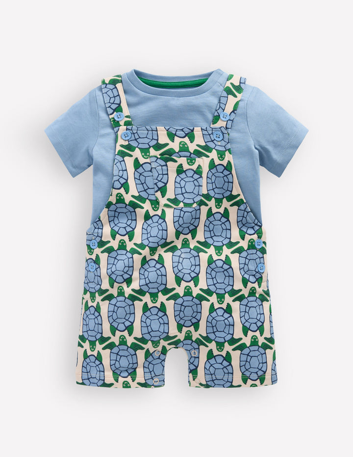 Jersey Short Dungaree Set-Blue Geo Turtles