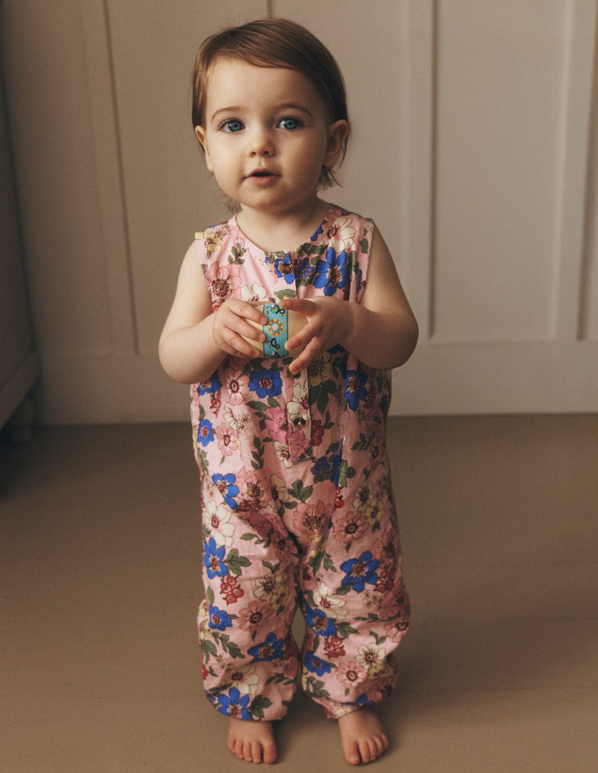 Girls Button Down Romper-Mid Pink Floral-1