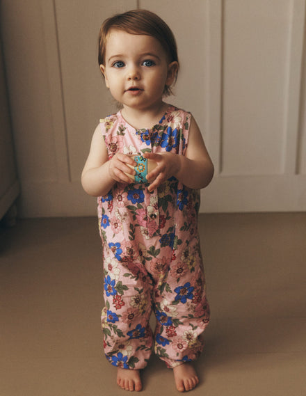 Girls Button Down Romper-Mid Pink Floral