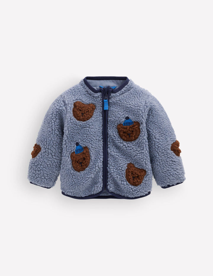 Cosy Borg Jacket-Blue Bear Applique