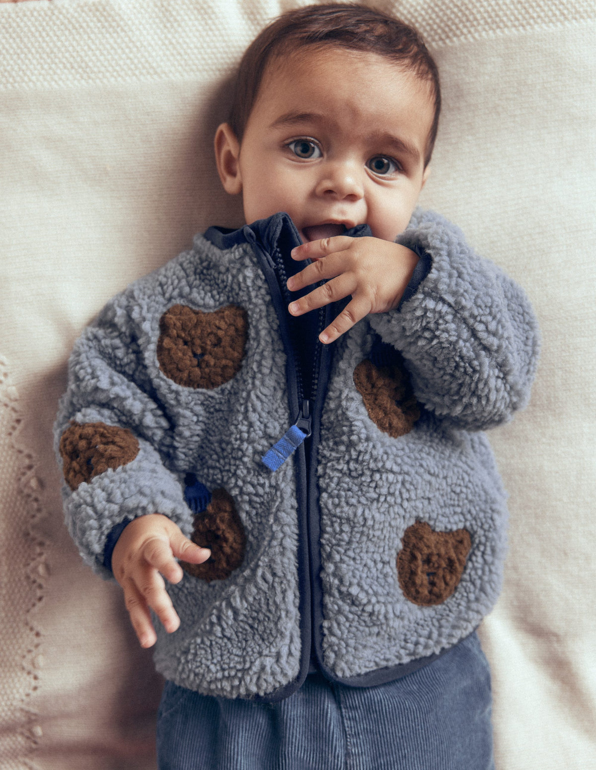 Cosy Borg Jacket-Blue Bear Applique - Image 1