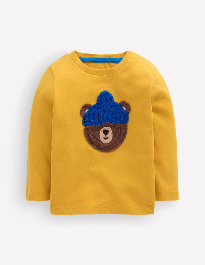 Long Sleeve Appliqué T-shirt-Canary Yellow Bear