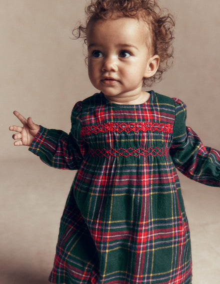 Smocked Occasion Dress-Green Family Check