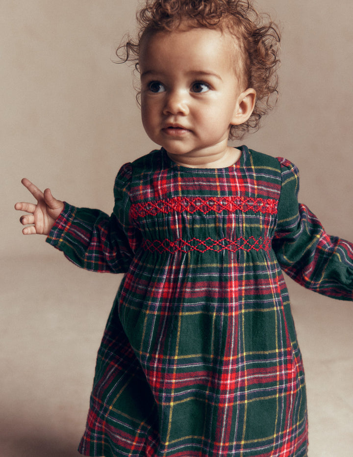 Smocked Occasion Dress-Green Family Check