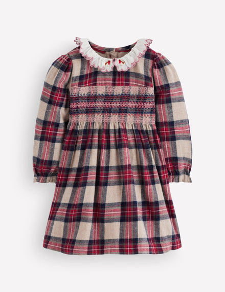 Smocked Party Dress-Oatmeal Check