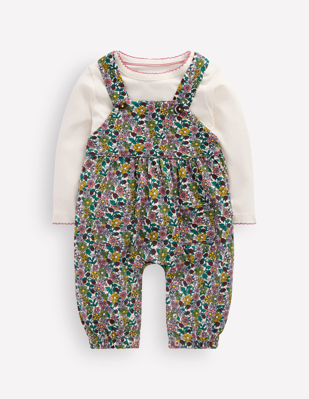Jersey Dungarees Set-Raspberry Multi Floral-1