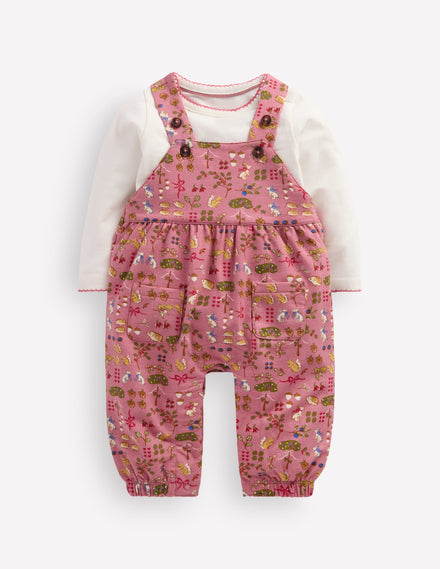 Jersey Dungarees Set-Pink Woodland