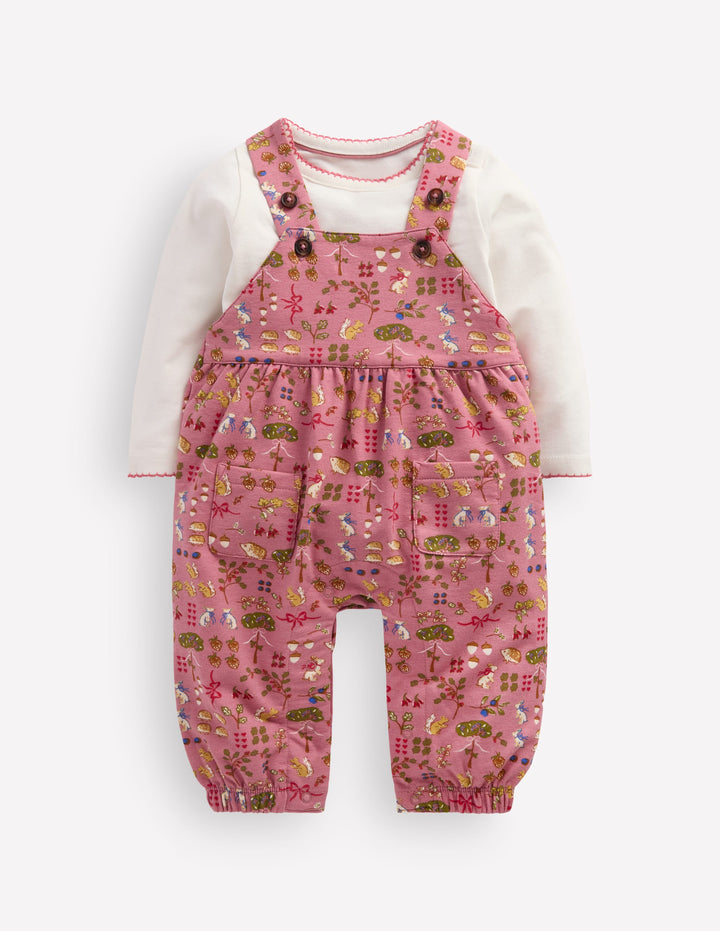 Jersey Dungarees Set-Pink Woodland