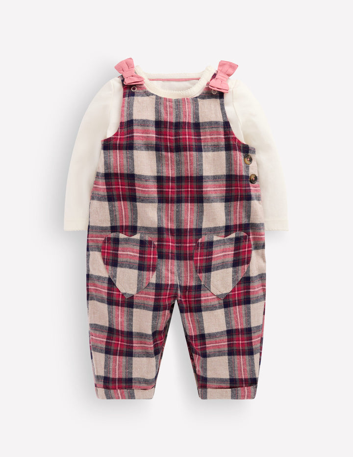 Woven Dungarees Set-Oatmeal Check