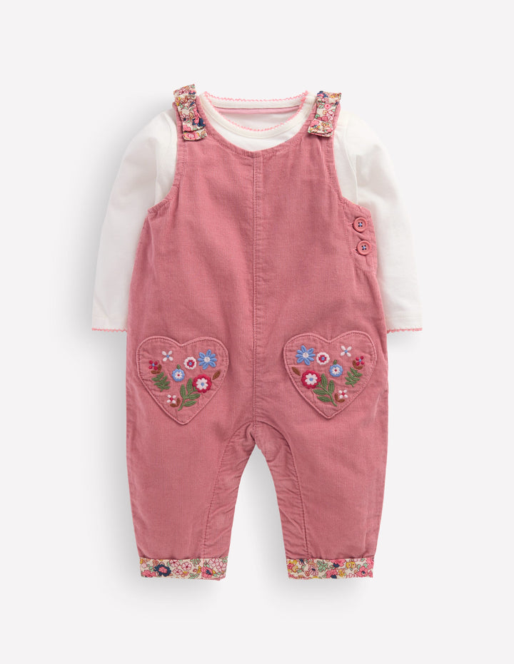 Woven Dungarees Set-Formica Pink Floral Embroidery