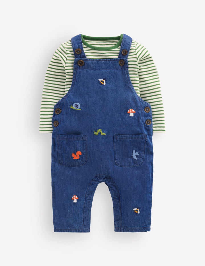 Woven Dungarees Set-Denim Woodland Embroidery
