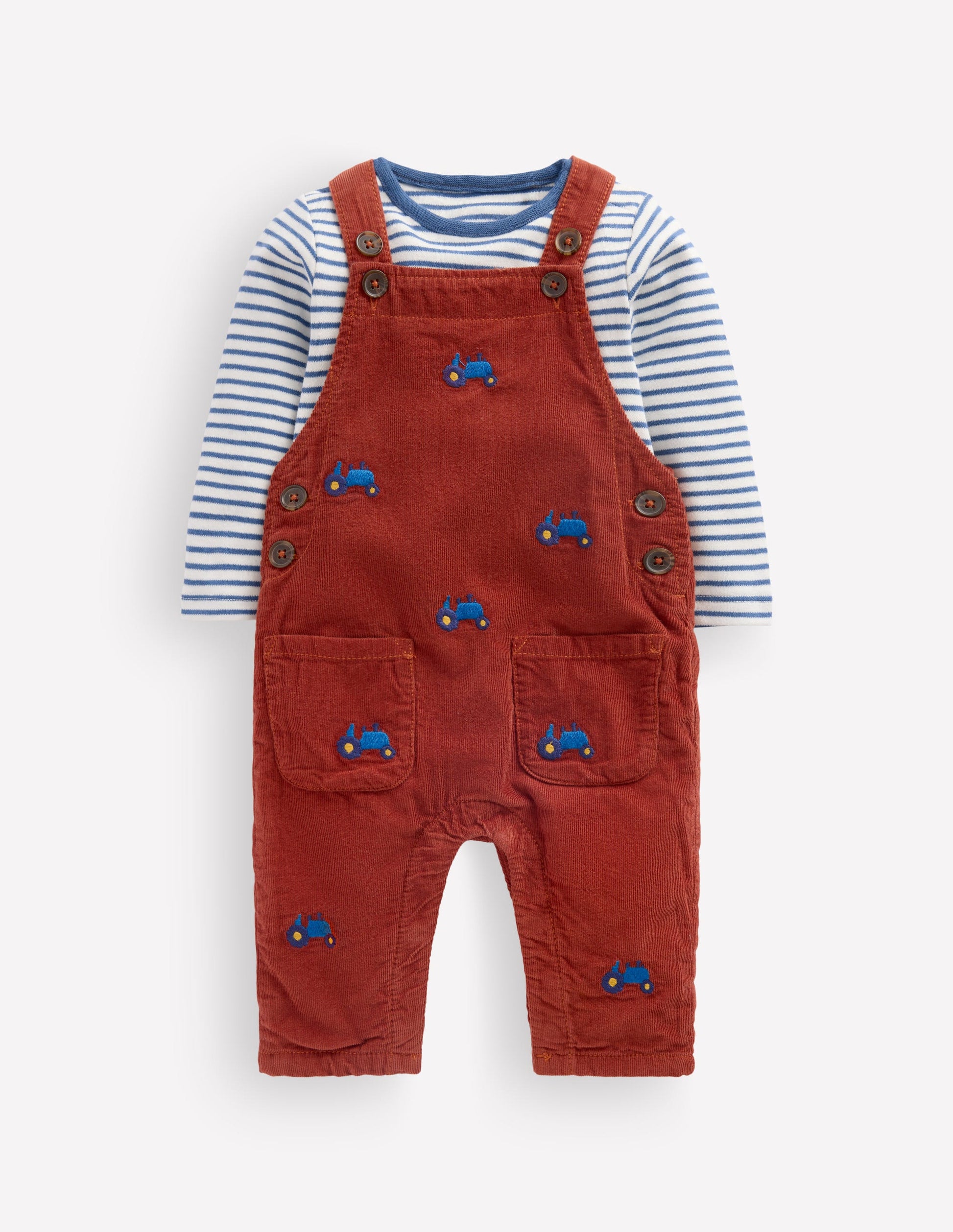 Woven Dungarees Set-Brick Red Tractors-1