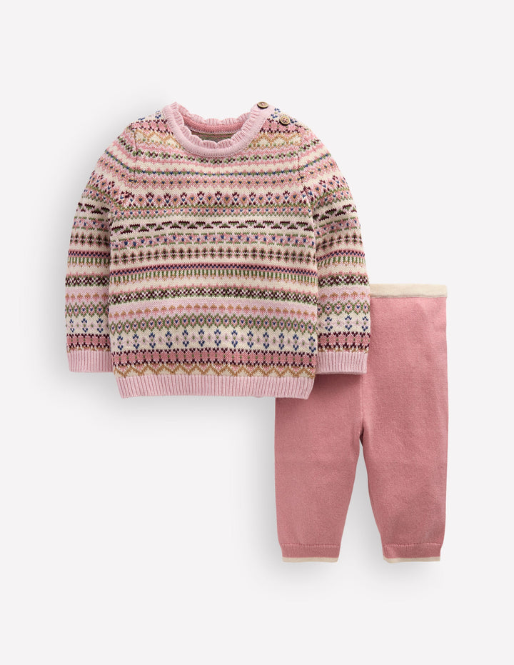 Fair Isle Knitted Jumper Set-Pink Heather