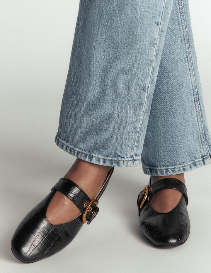 Kylie Flat Buckle Mary Janes-Black Croc Embossed