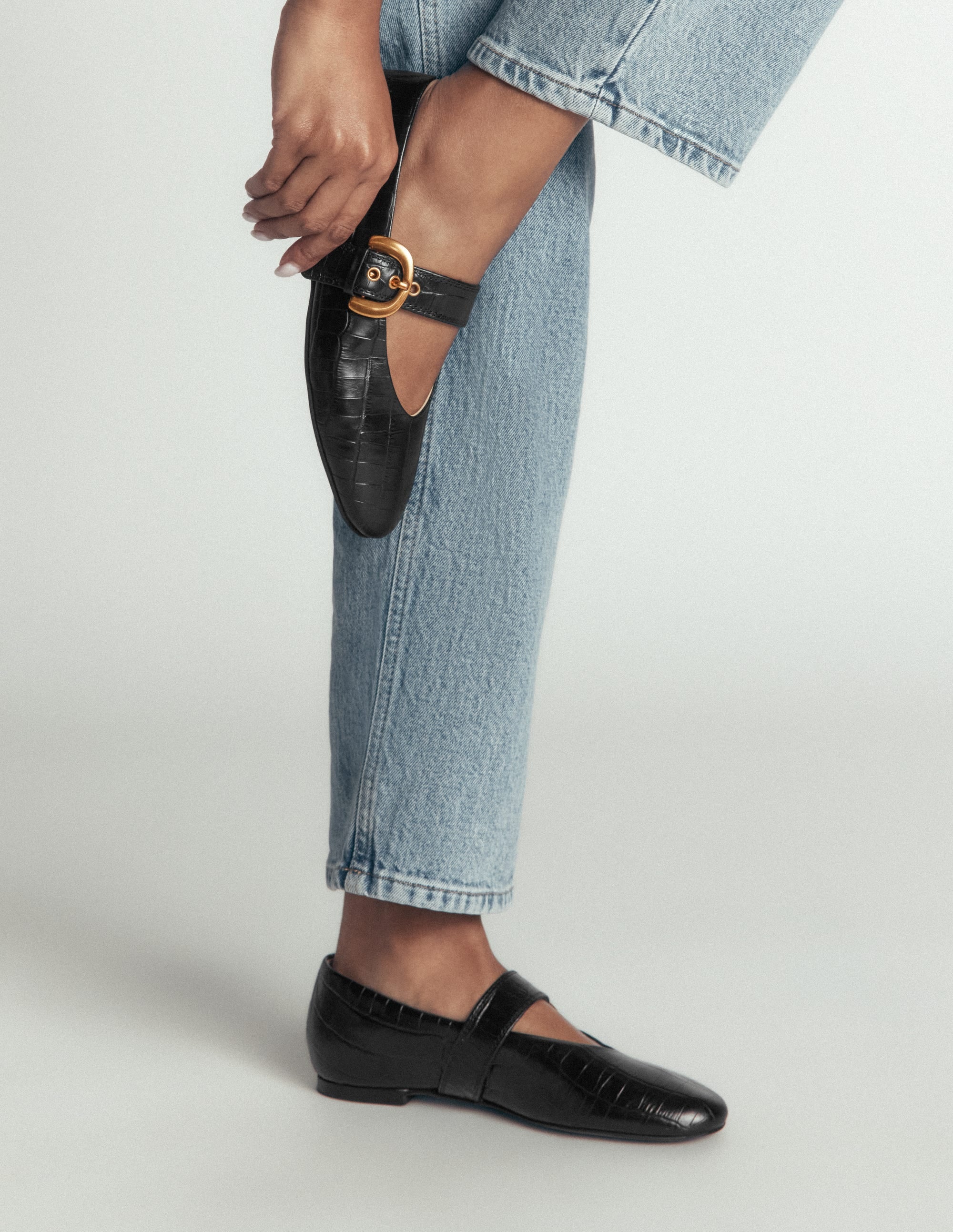 Kylie Flat Buckle Mary Janes-Black Croc Embossed - Image 3