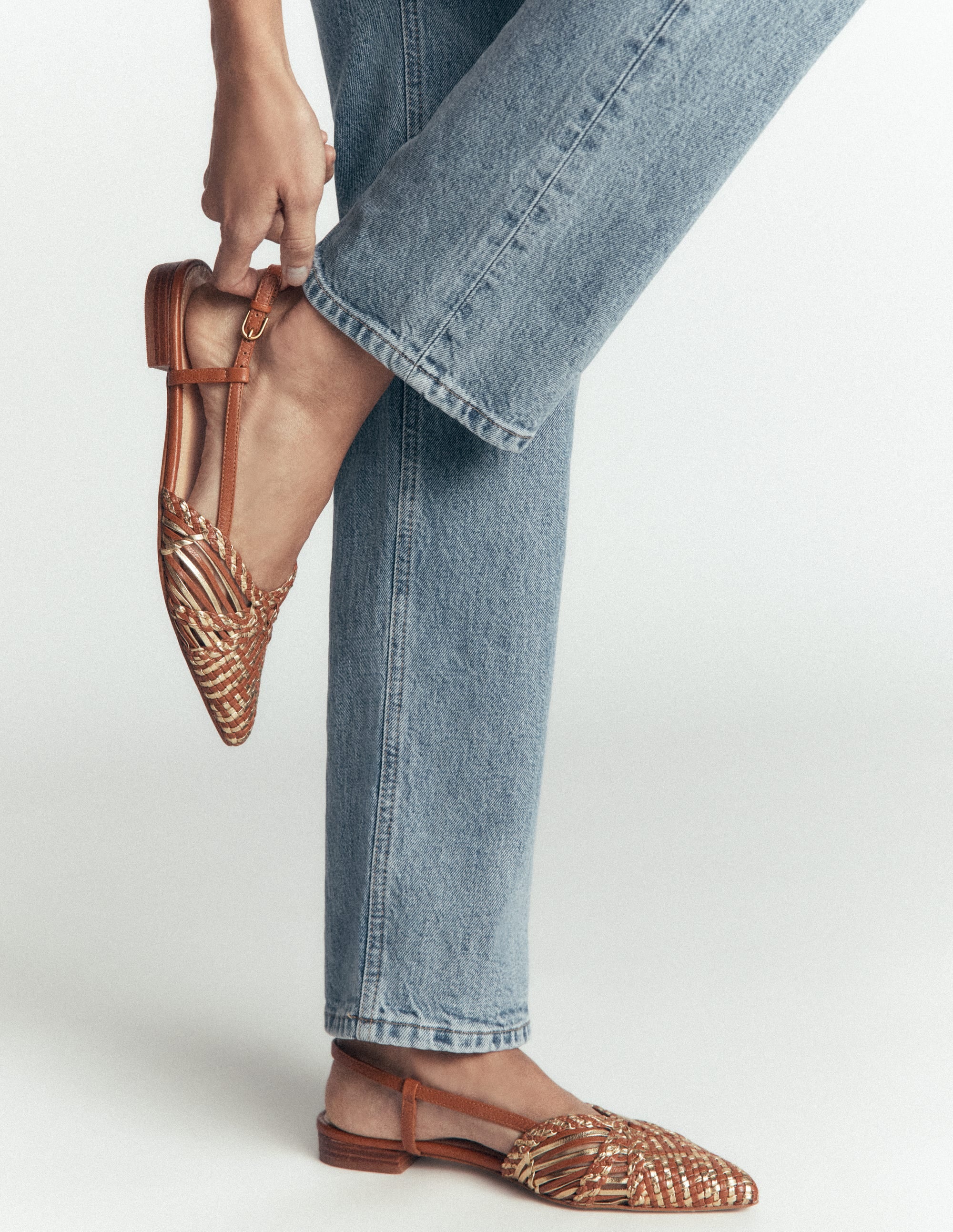 Woven Detail Pointed Flats-Tan/ Gold - Image 1