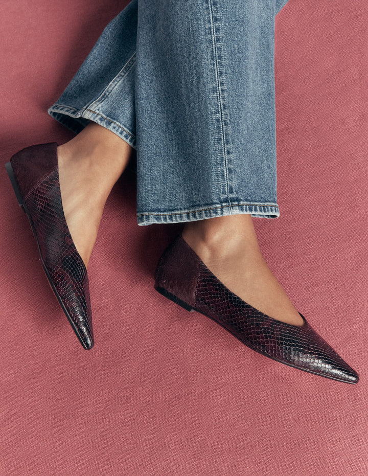 Nigella Pointed Toe Flats-Oxblood Snake Print