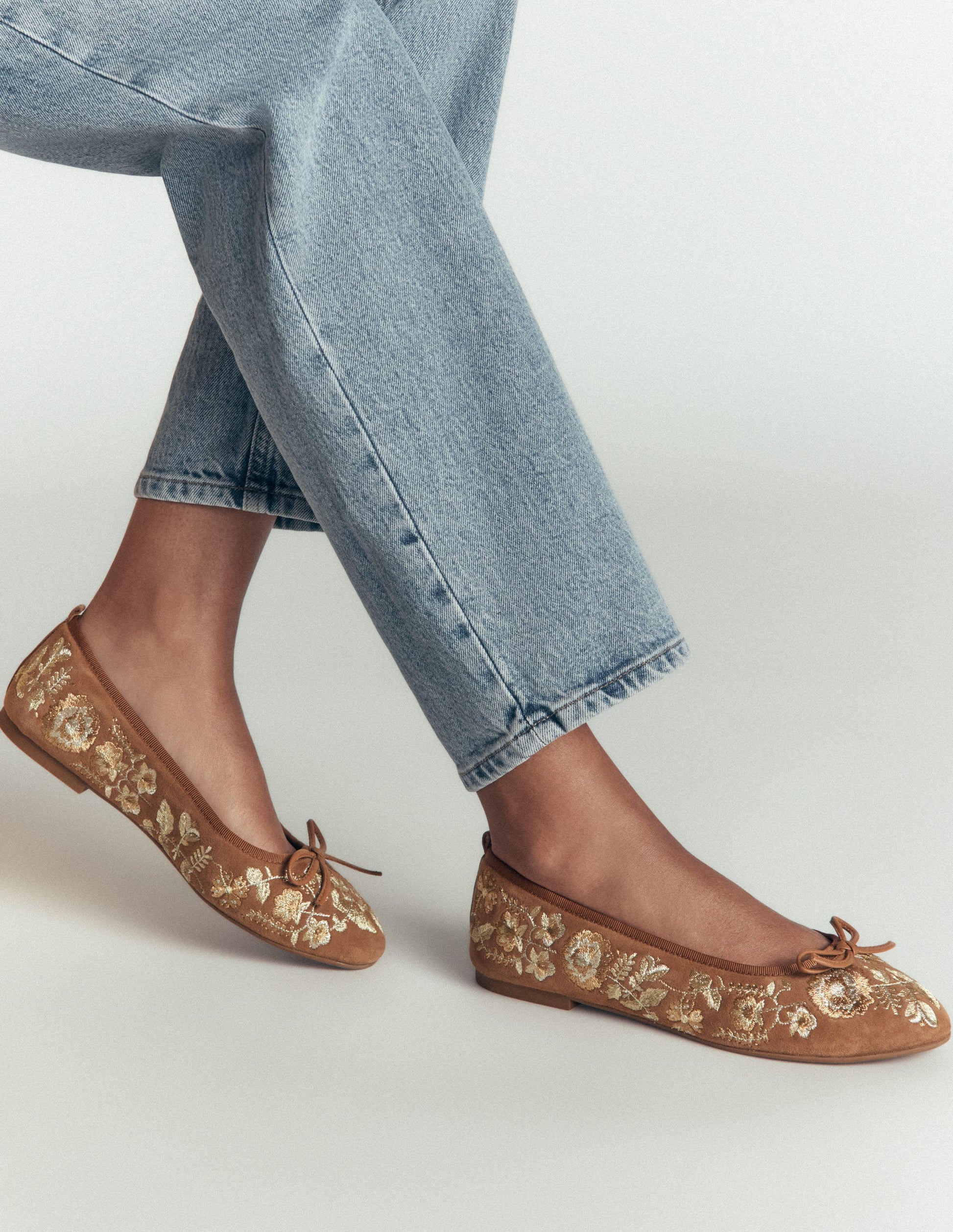 Patti Round Toe Ballet Flats-Gold Embroidered-2