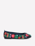 Patti Round Toe Ballet Flats-Navy Embroidered