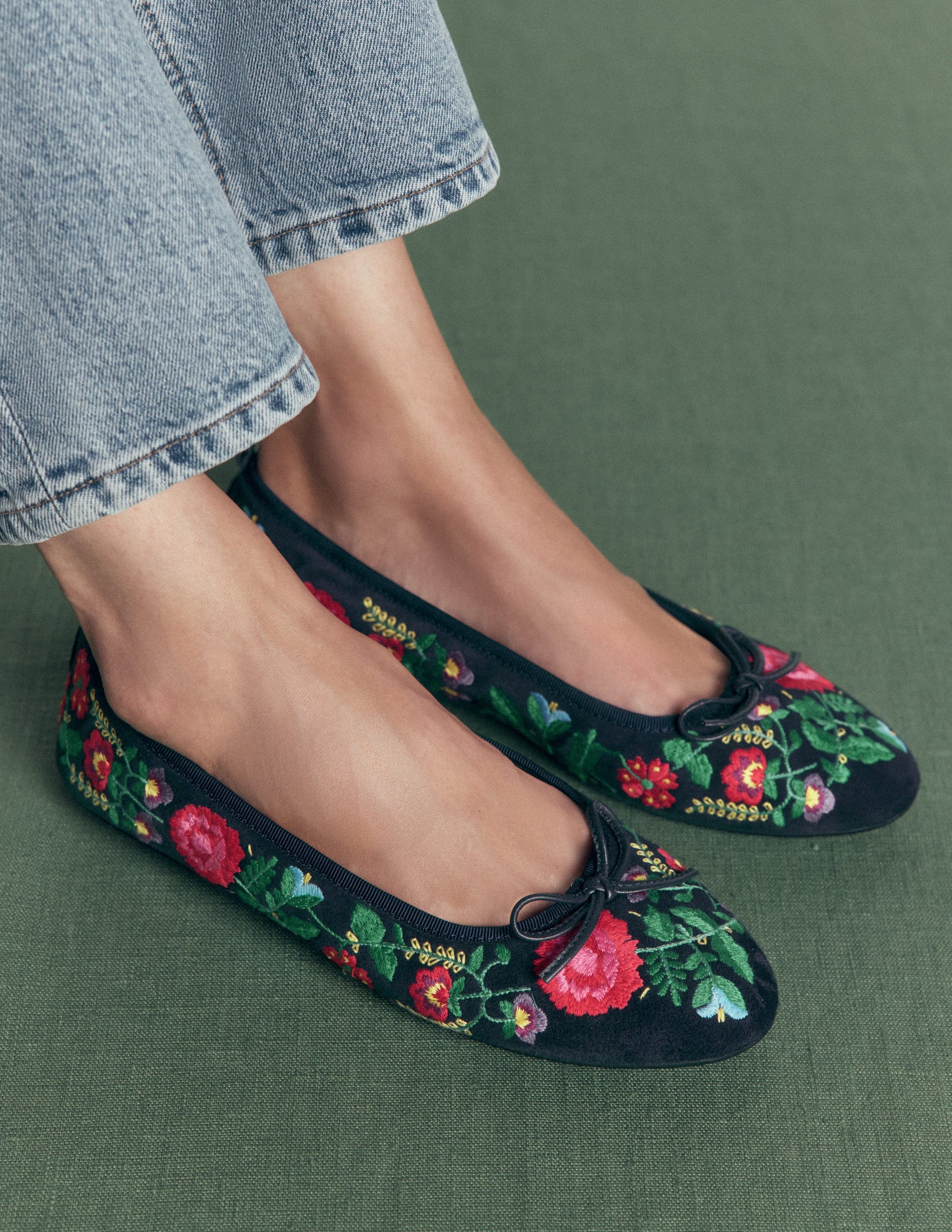 Patti Round Toe Ballet Flats-Navy Embroidered-2