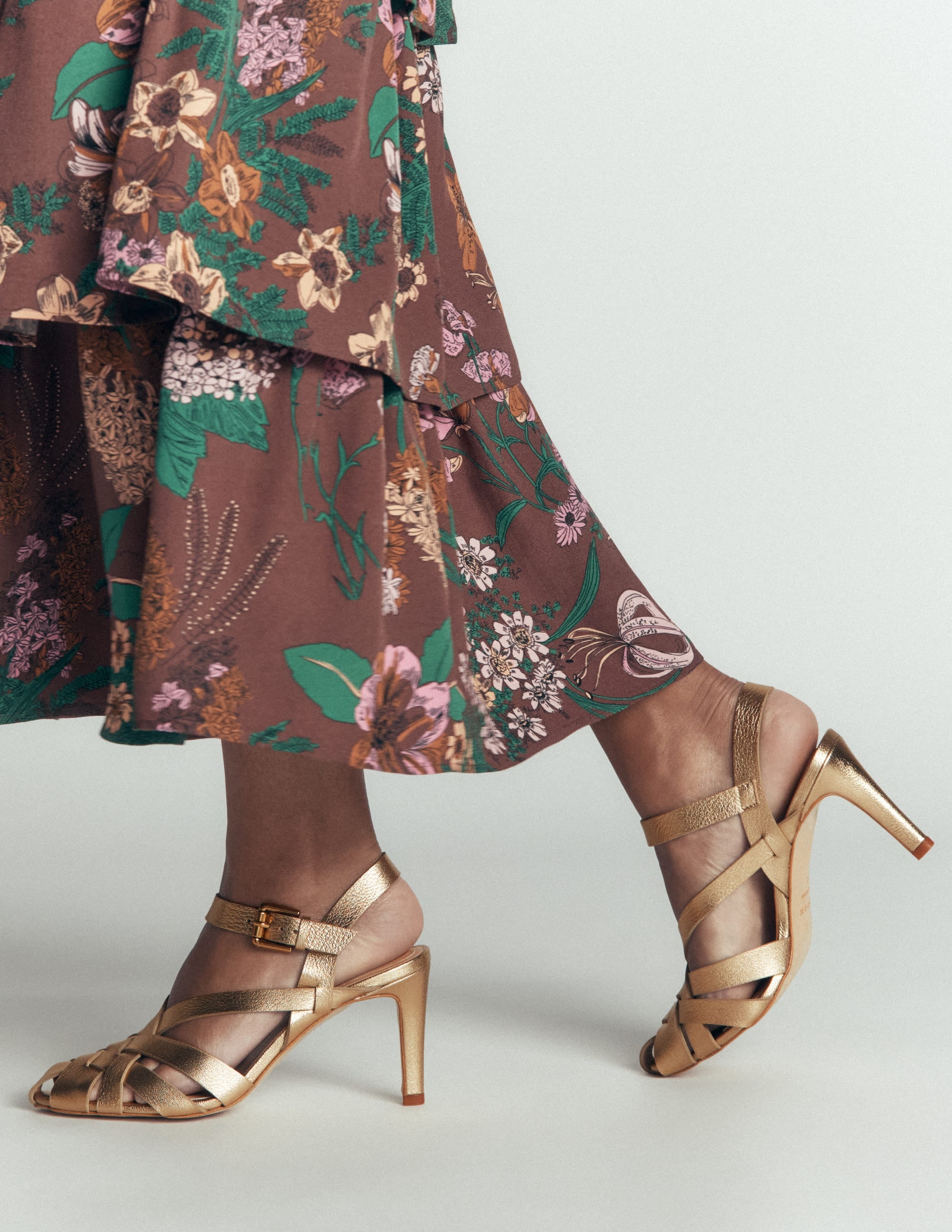 Slotted Strap Heeled Sandals-Gold - Image 1