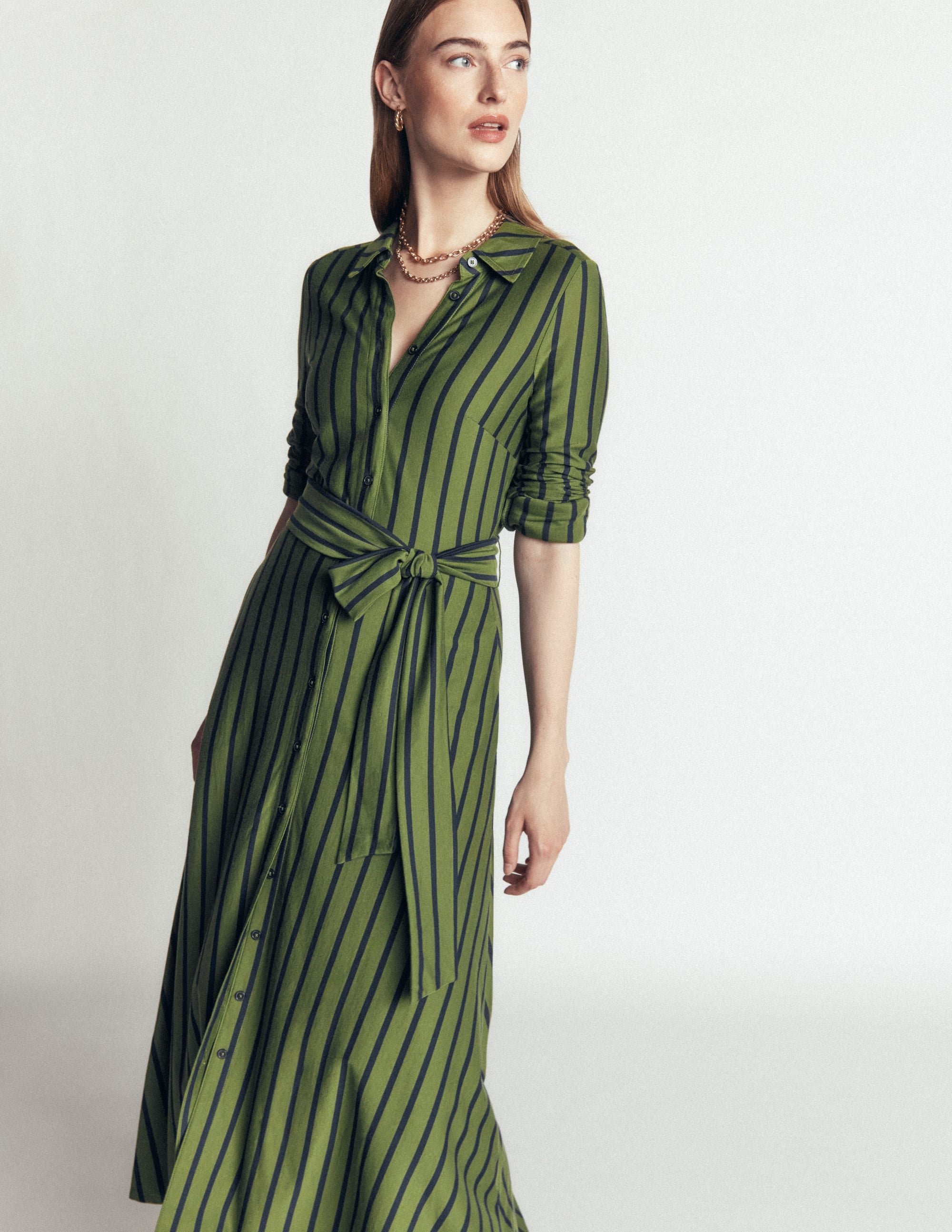 Marcia Jersey Shirt Dress-Chive and Navy Stripe - Image 1