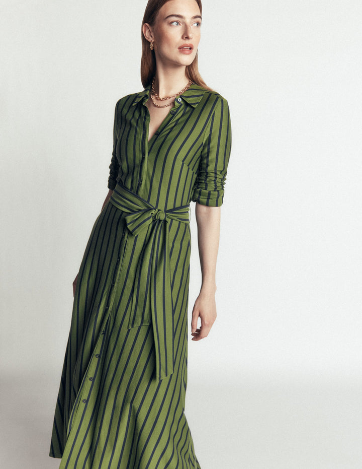 Marcia Jersey Shirt Dress-Chive and Navy Stripe
