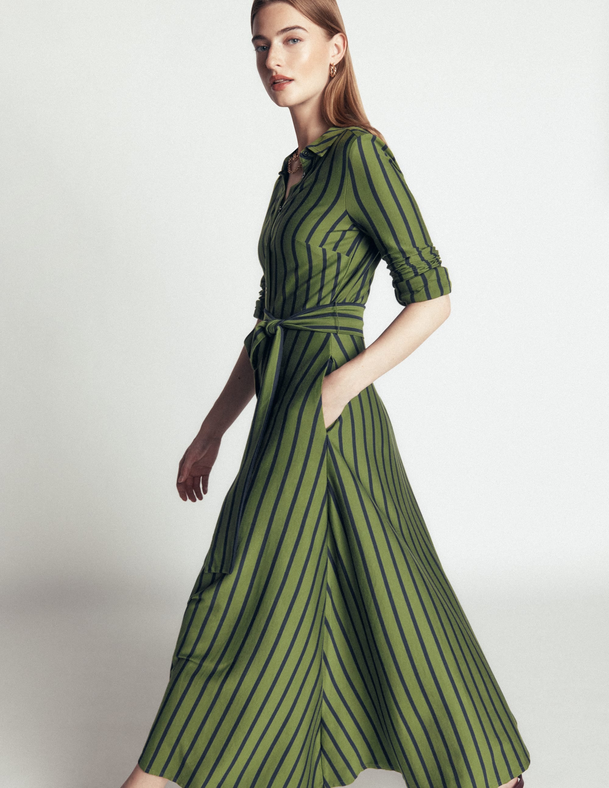 Marcia Jersey Shirt Dress-Chive and Navy Stripe - Image 5