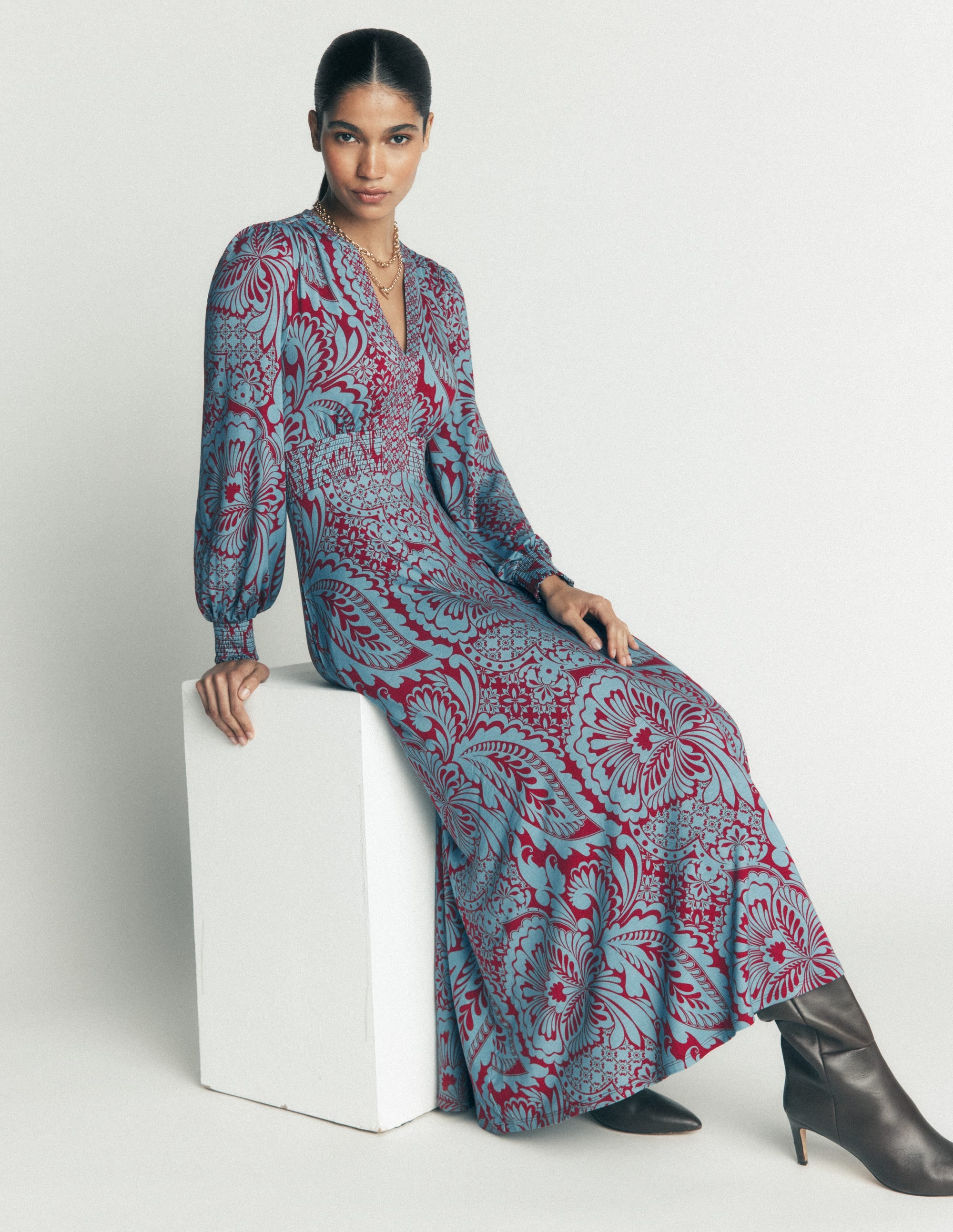 Georgia Jersey Midi Dress-Delphinum Blue, Botanical - Image 1
