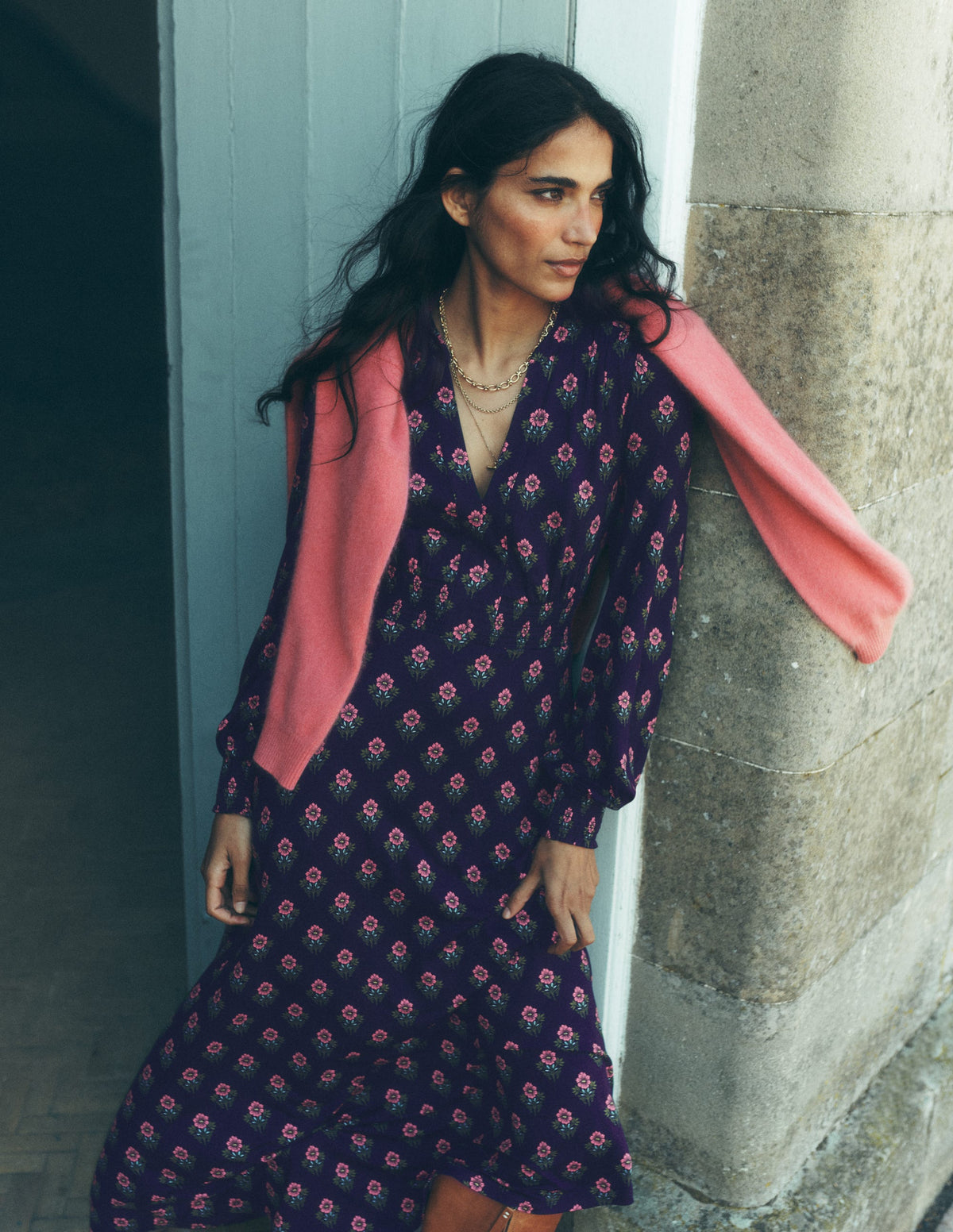 Georgia Jersey Midi Dress-Navy, Flourishing Spring Stamp - Image 1
